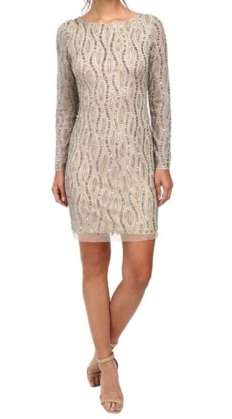 Adrianna Papell Beaded Long Sleeve Sheath Dress Size 14